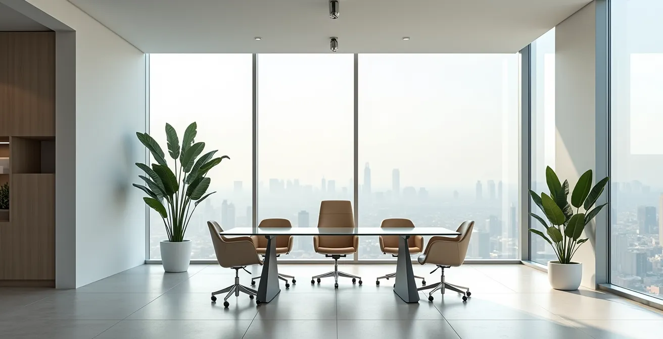 Espace de travail collaboratif moderne avec grande baie vitrée et lumière naturelle