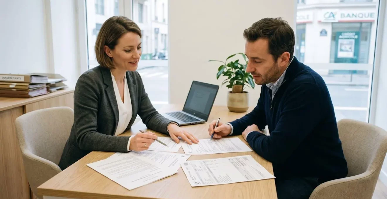Consultant et conseiller bancaire examinant ensemble des documents de crédit immobilier (bulletins de salaire, contrat CDI) dans un bureau d'agence bancaire contemporain