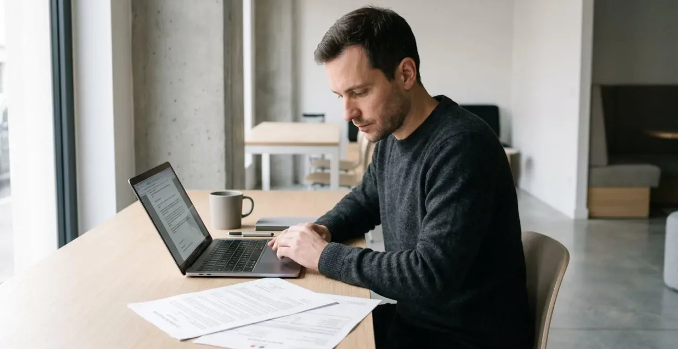 Consultant indépendant travaillant sur ordinateur portable dans un bureau contemporain épuré à Lyon, documents administratifs visibles sur le bureau, lumière naturelle latérale, tons neutres
