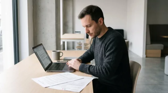 Consultant indépendant travaillant sur ordinateur portable dans un bureau contemporain épuré à Lyon, documents administratifs visibles sur le bureau, lumière naturelle latérale, tons neutres