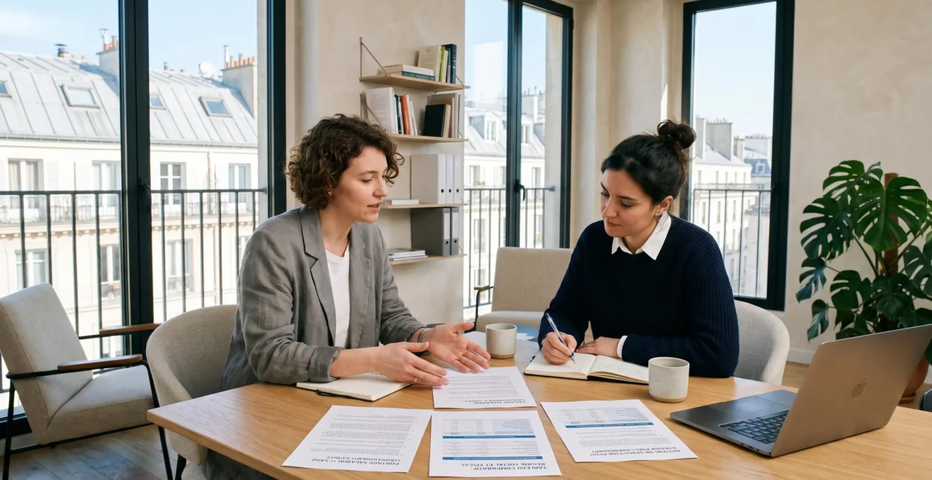 Expert-comptable et consultant indépendant en session de conseil dans un bureau parisien, documents comparatifs portage salarial et SASU en français sur la table, lumière naturelle abondante