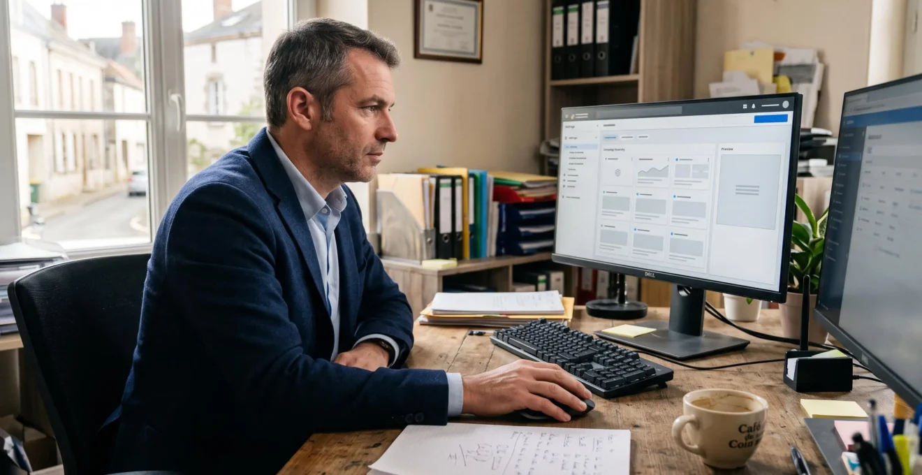 Dirigeant préparant une campagne publicitaire sur un ordinateur dans son bureau